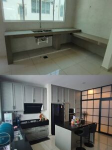 Kitchen renovation in Taman Desa Meru with new table top, custom cabinets, and sliding door installation