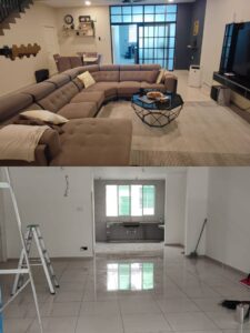 Living room renovation in Taman Desa Meru featuring custom plaster ceiling and interior design elements